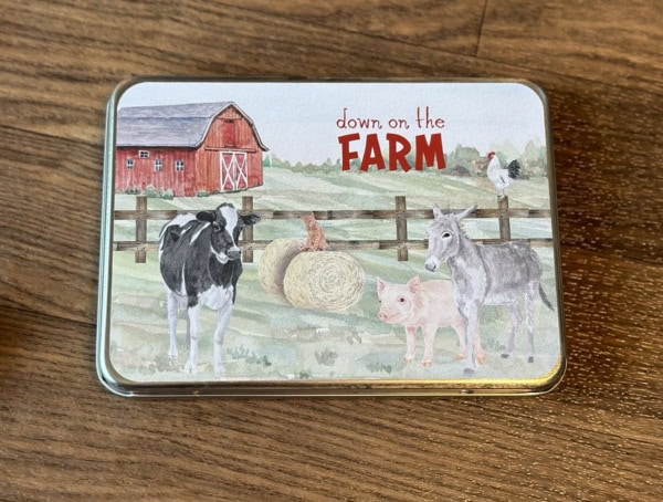 Large Farm Animal Tin closed on table