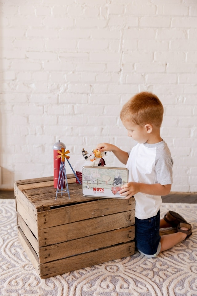 Preschool Boy Playing with Large Magnetic Animal Tin